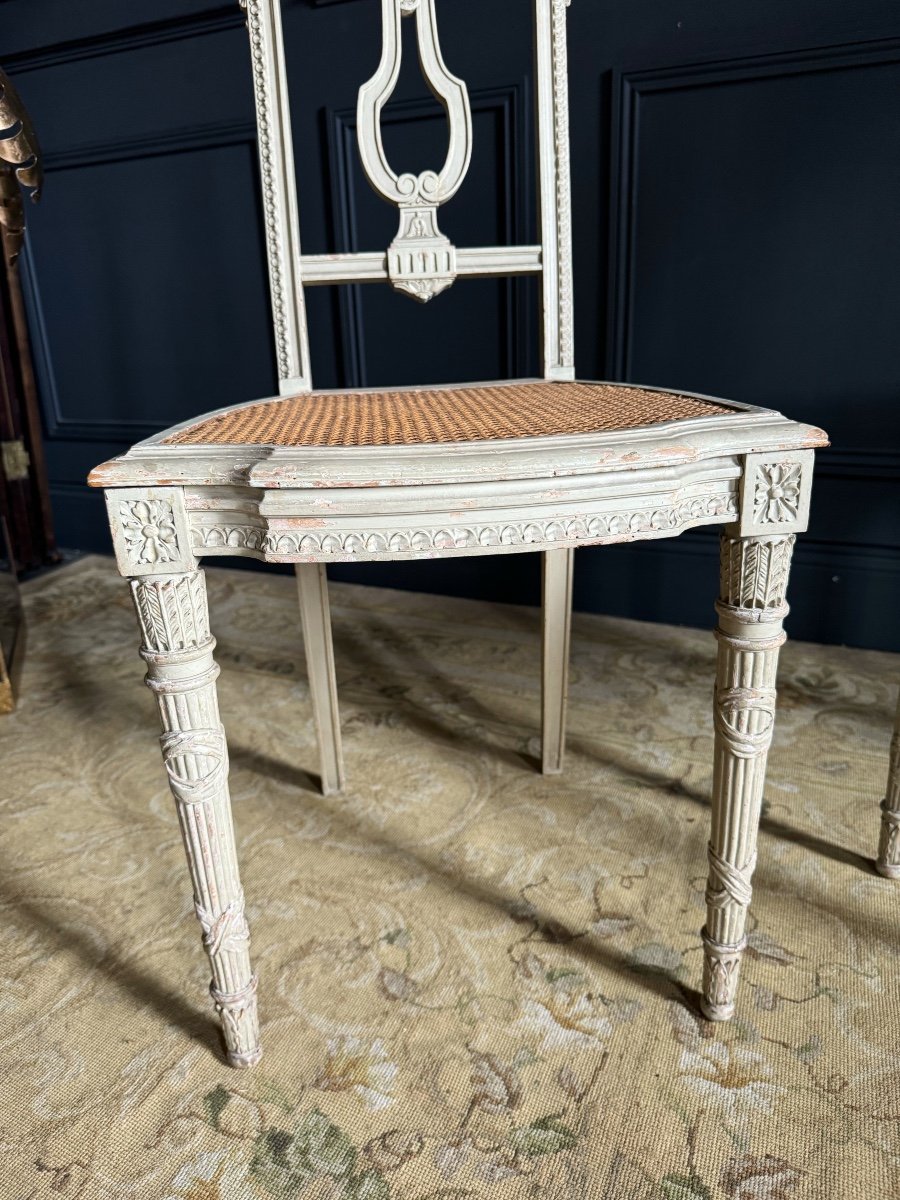 Set Of Two Chairs And A Stool, Late 19th Century, In Painted Wood And Cane, Louis XVI Style-photo-2