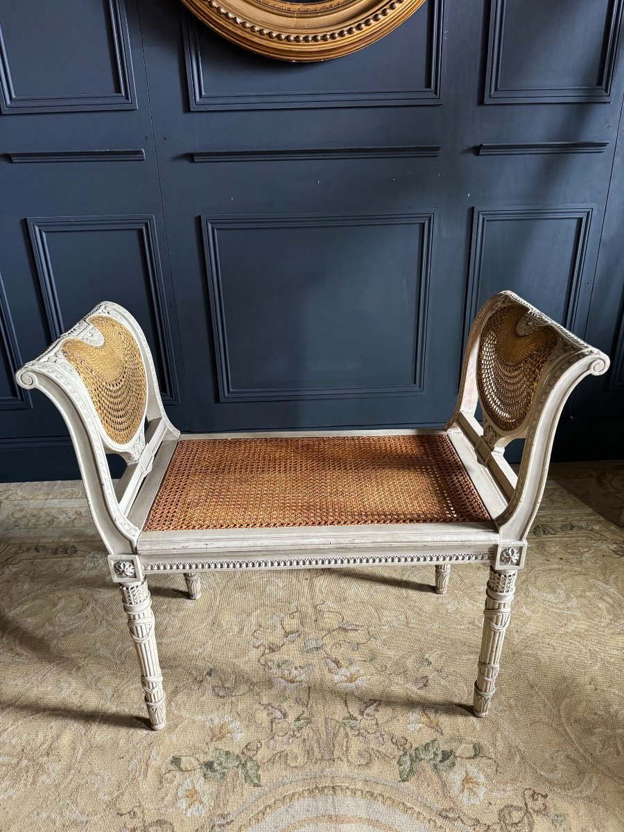 Set Of Two Chairs And A Stool, Late 19th Century, In Painted Wood And Cane, Louis XVI Style-photo-3