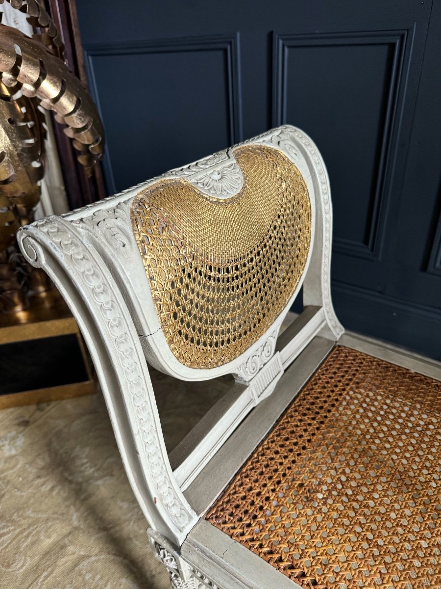 Set Of Two Chairs And A Stool, Late 19th Century, In Painted Wood And Cane, Louis XVI Style-photo-4