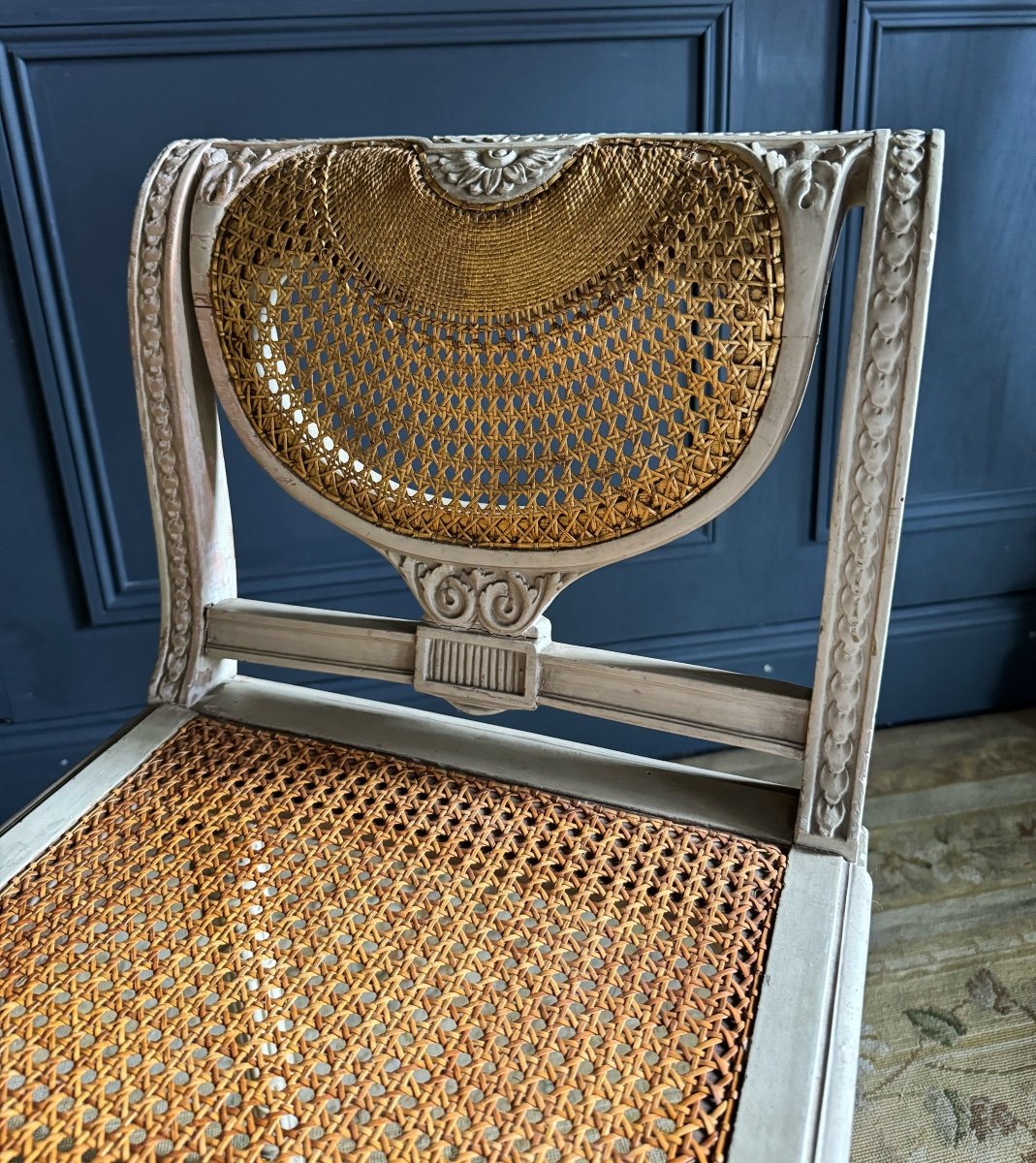 Set Of Two Chairs And A Stool, Late 19th Century, In Painted Wood And Cane, Louis XVI Style-photo-5