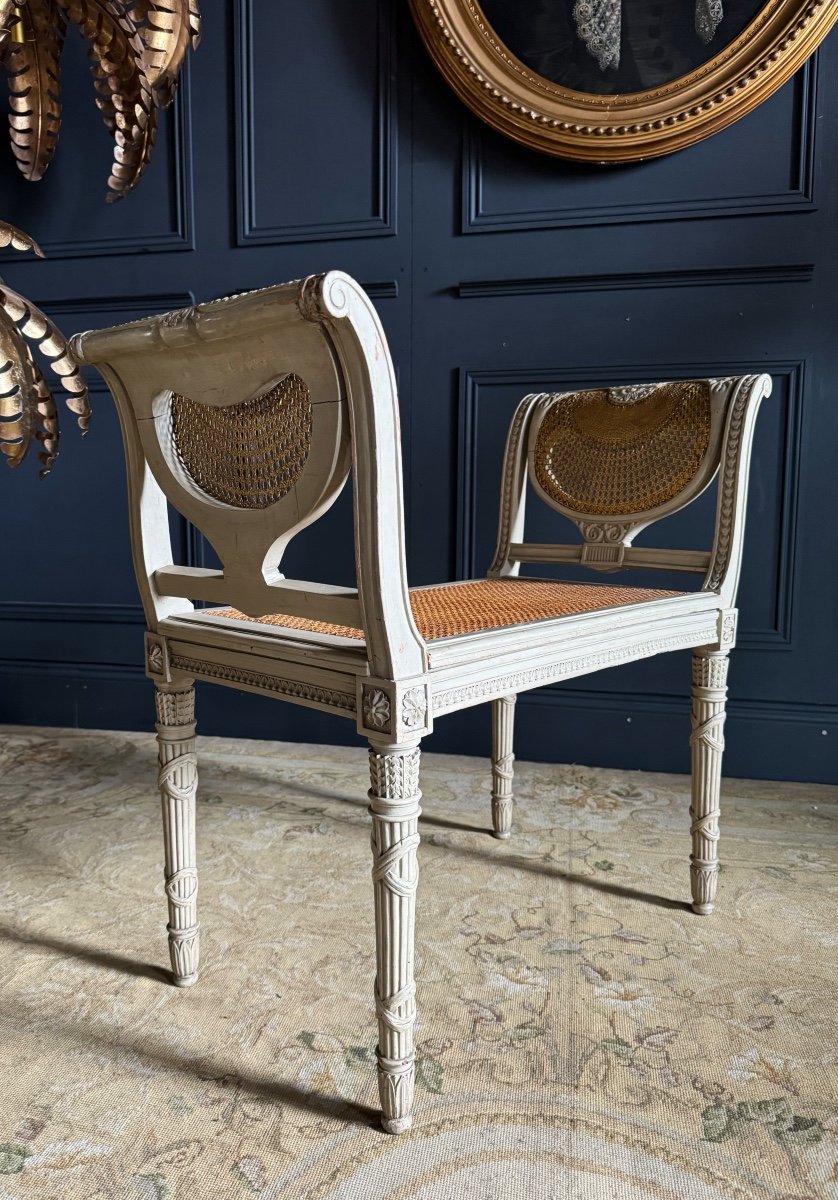 Set Of Two Chairs And A Stool, Late 19th Century, In Painted Wood And Cane, Louis XVI Style-photo-6