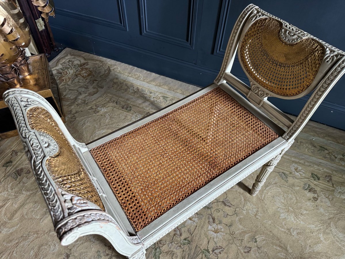 Set Of Two Chairs And A Stool, Late 19th Century, In Painted Wood And Cane, Louis XVI Style-photo-8