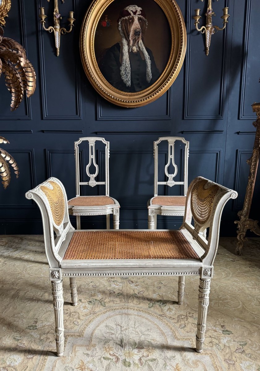 Set Of Two Chairs And A Stool, Late 19th Century, In Painted Wood And Cane, Louis XVI Style