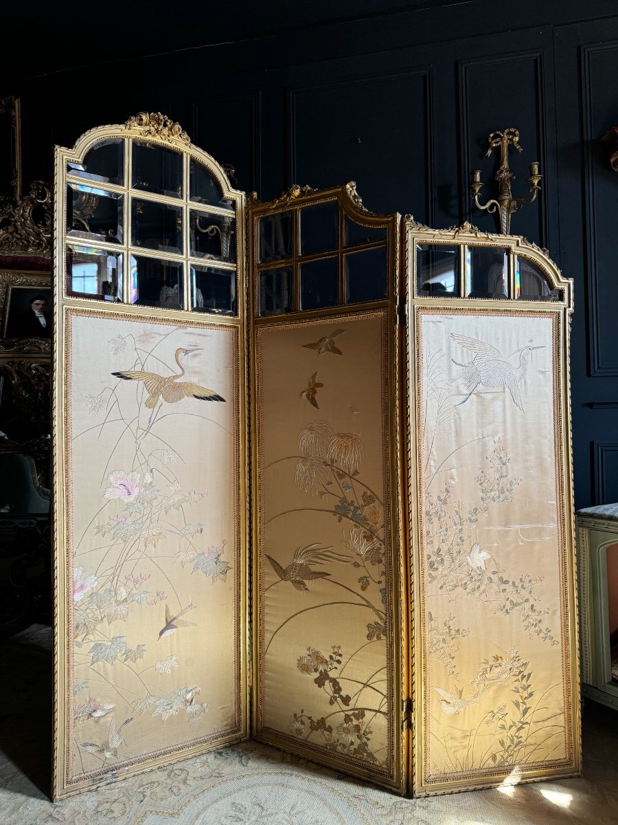 Napoleon III Period Screen In Gilded Wood And Chinese Silk In Louis XVI Style-photo-2