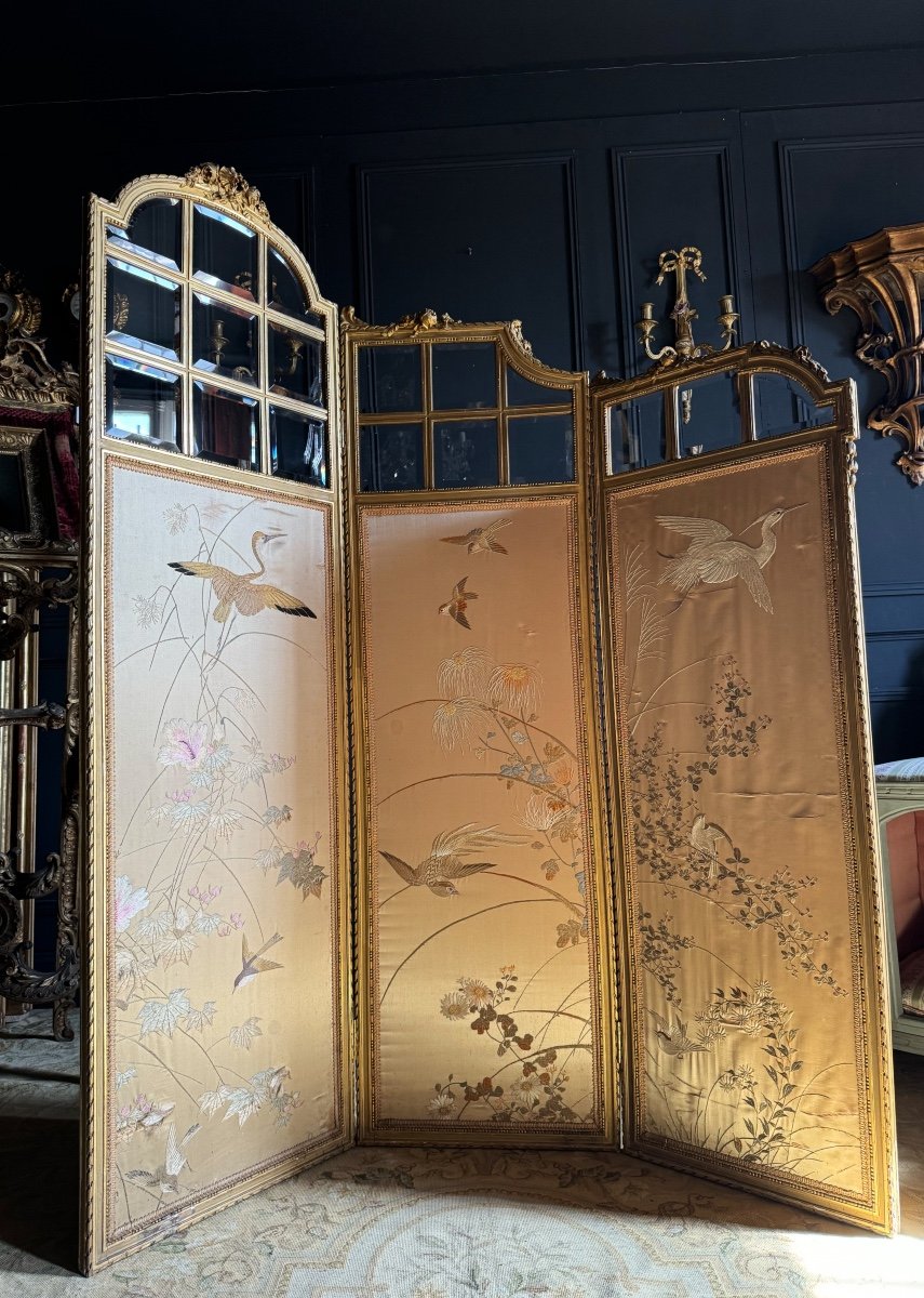 Napoleon III Period Screen In Gilded Wood And Chinese Silk In Louis XVI Style-photo-3