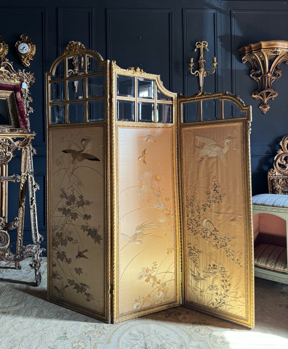 Napoleon III Period Screen In Gilded Wood And Chinese Silk In Louis XVI Style-photo-4