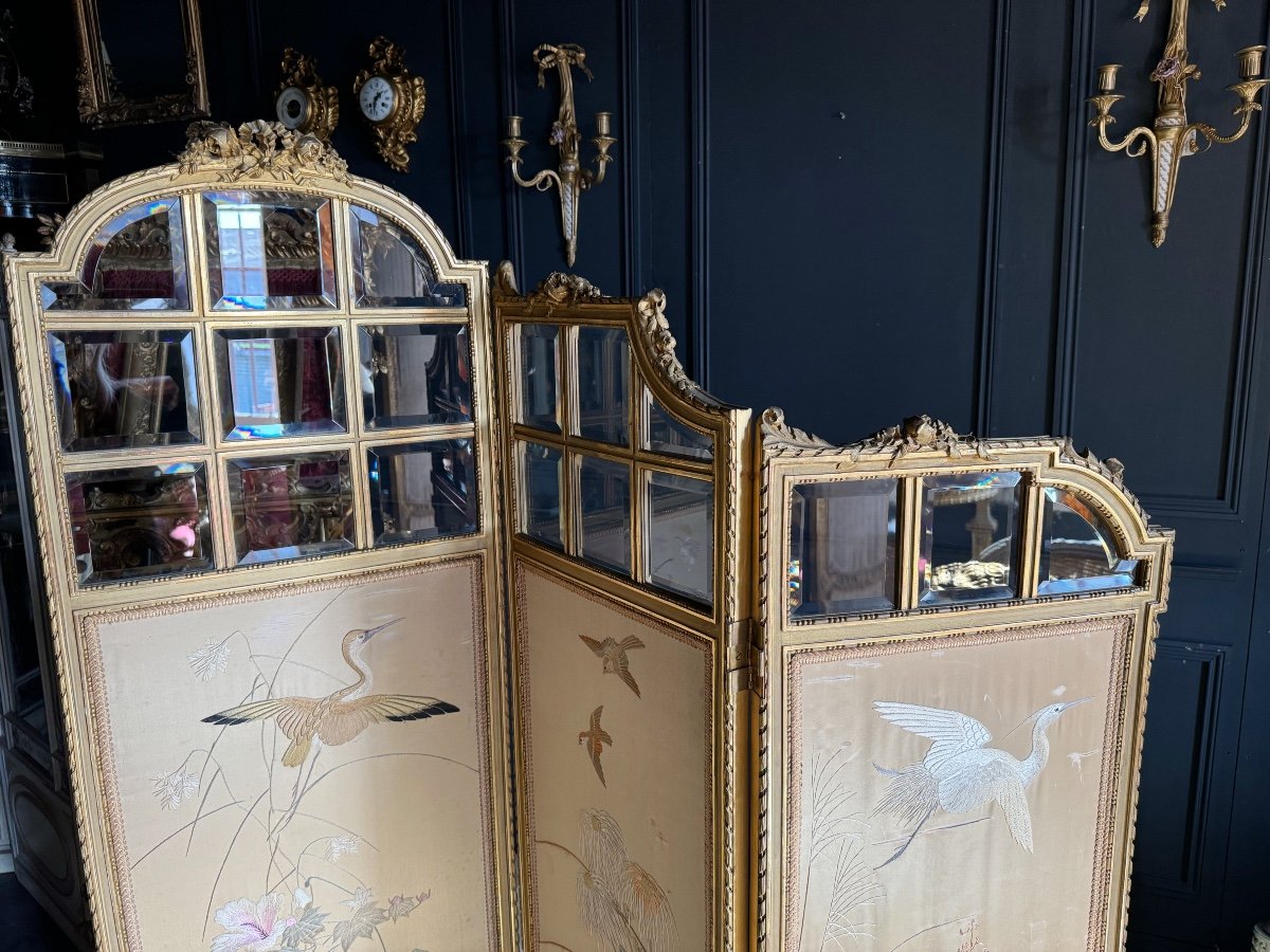 Napoleon III Period Screen In Gilded Wood And Chinese Silk In Louis XVI Style-photo-1