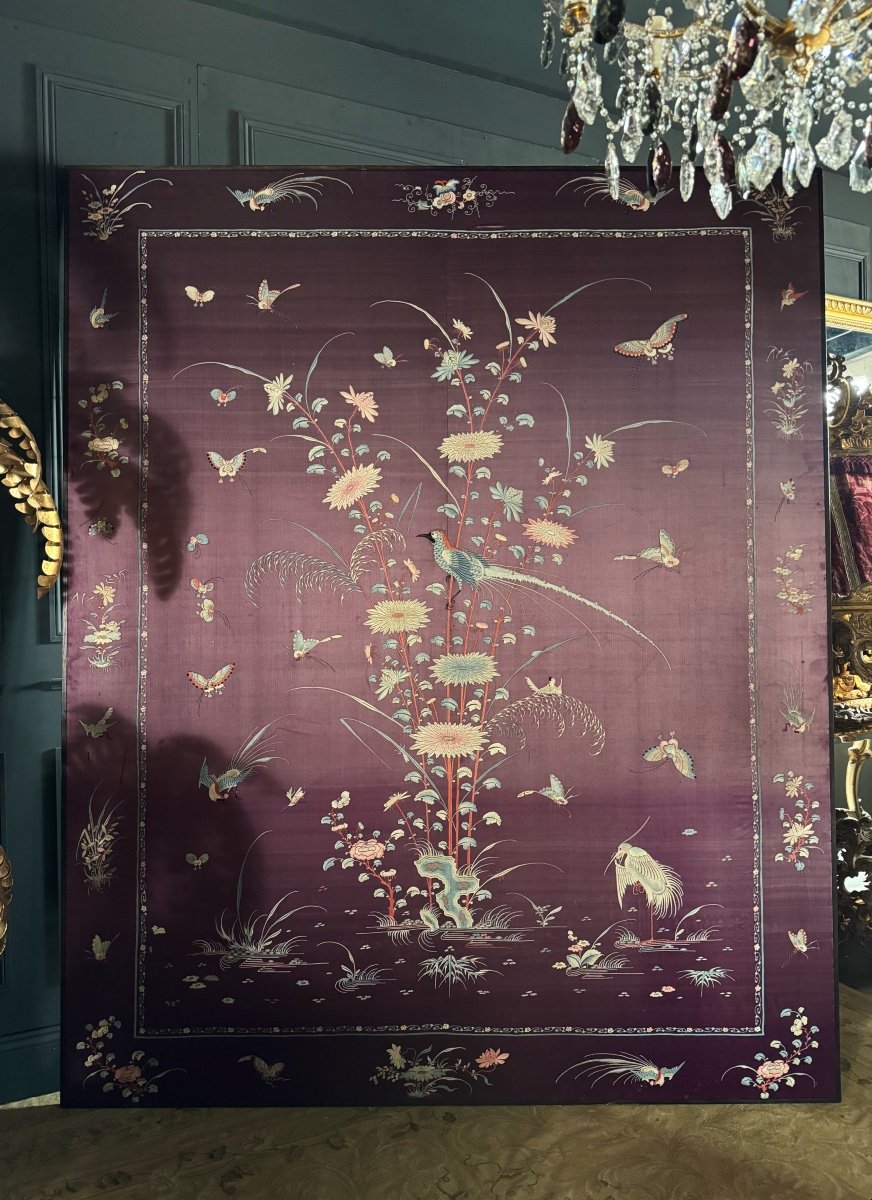 Embroidery / Large Chinese Silk (2m17) Framed Representing Birds And Insects - 20th Century -photo-2