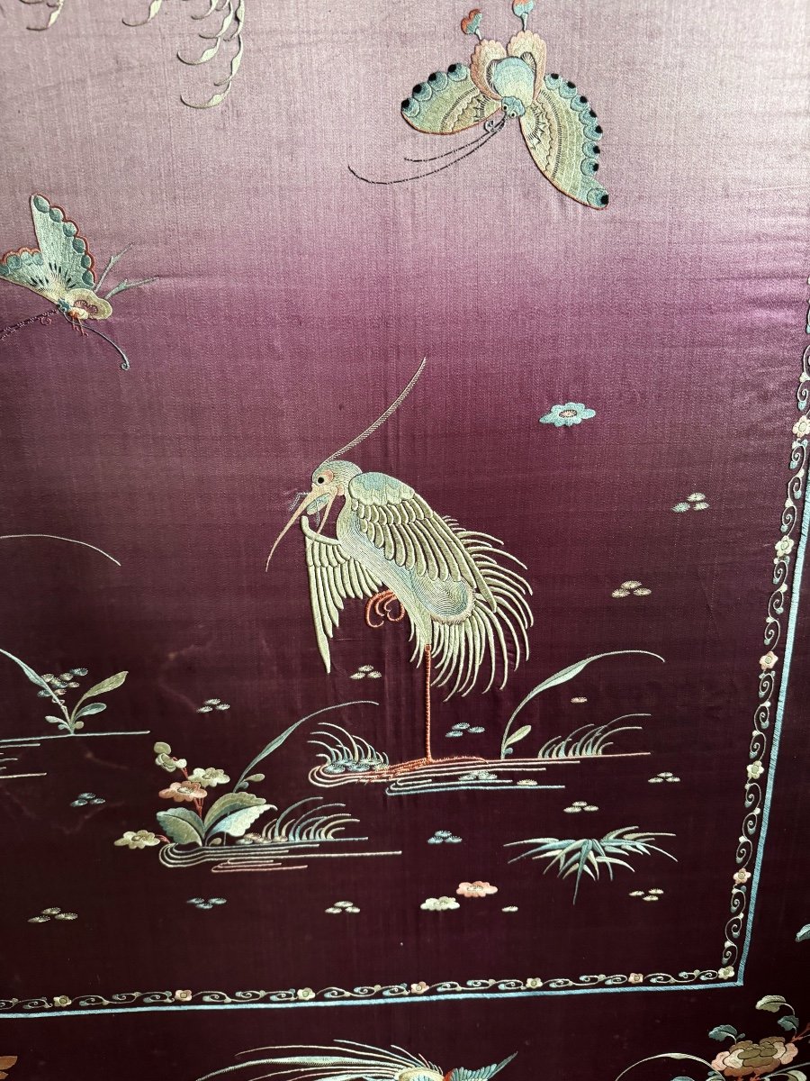 Embroidery / Large Chinese Silk (2m17) Framed Representing Birds And Insects - 20th Century -photo-3