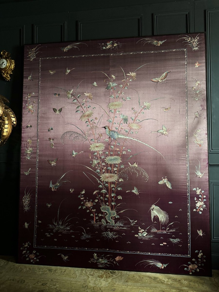 Embroidery / Large Chinese Silk (2m17) Framed Representing Birds And Insects - 20th Century -photo-4