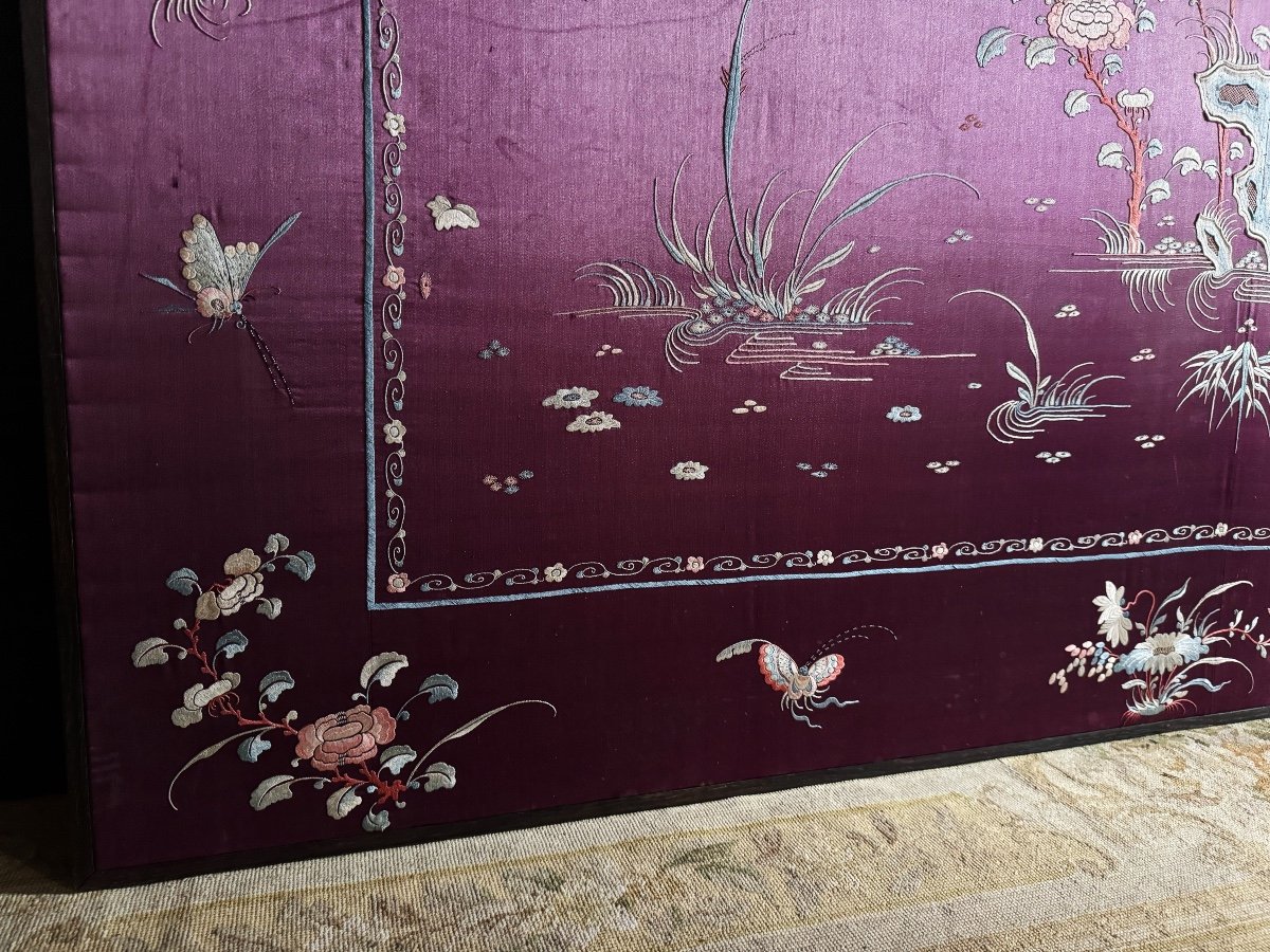 Embroidery / Large Chinese Silk (2m17) Framed Representing Birds And Insects - 20th Century -photo-5