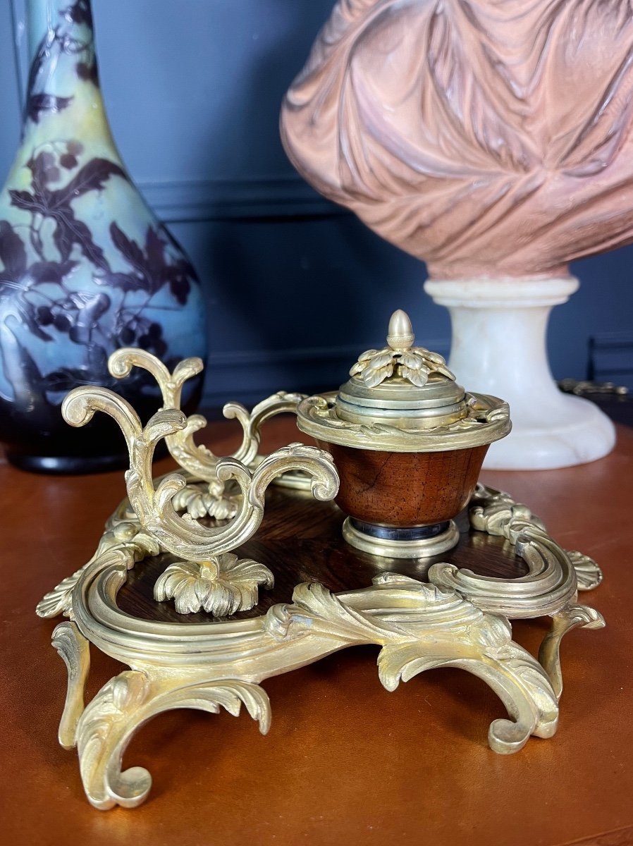 Maison Millet: Louis XV Style Desk Inkwell In Marquetry And Gilt Bronze - 19th Century-photo-3