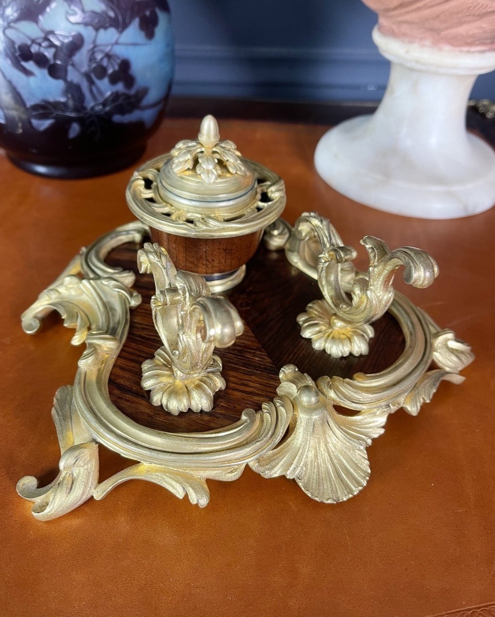 Maison Millet: Louis XV Style Desk Inkwell In Marquetry And Gilt Bronze - 19th Century-photo-4