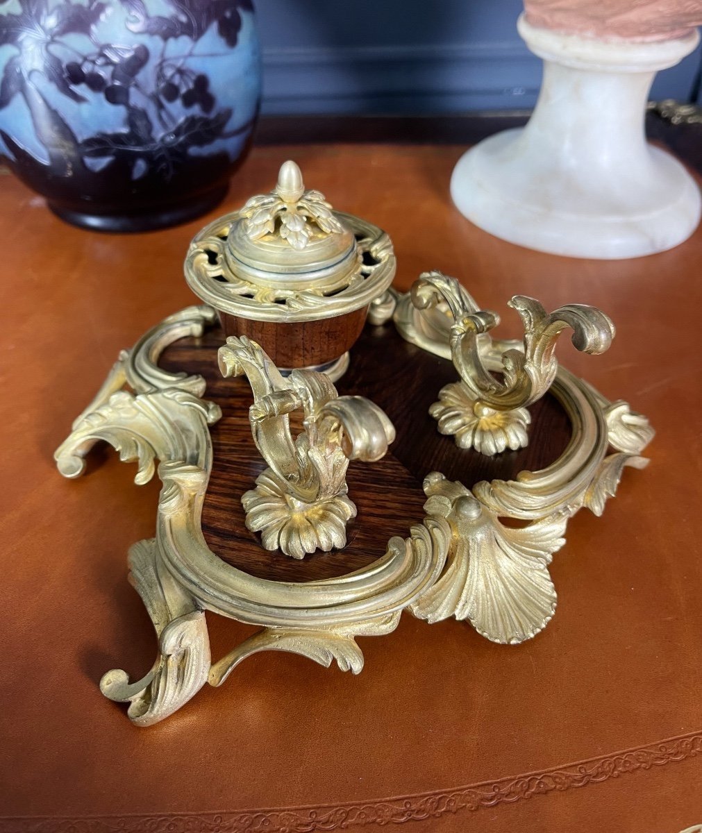 Maison Millet: Louis XV Style Desk Inkwell In Marquetry And Gilt Bronze - 19th Century-photo-3