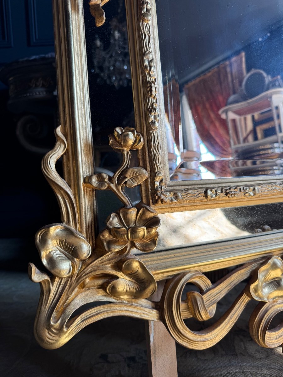 Miroir D’époque Art Nouveau En Bois Doré à La Feuille D’or - Fin XIXe -photo-4