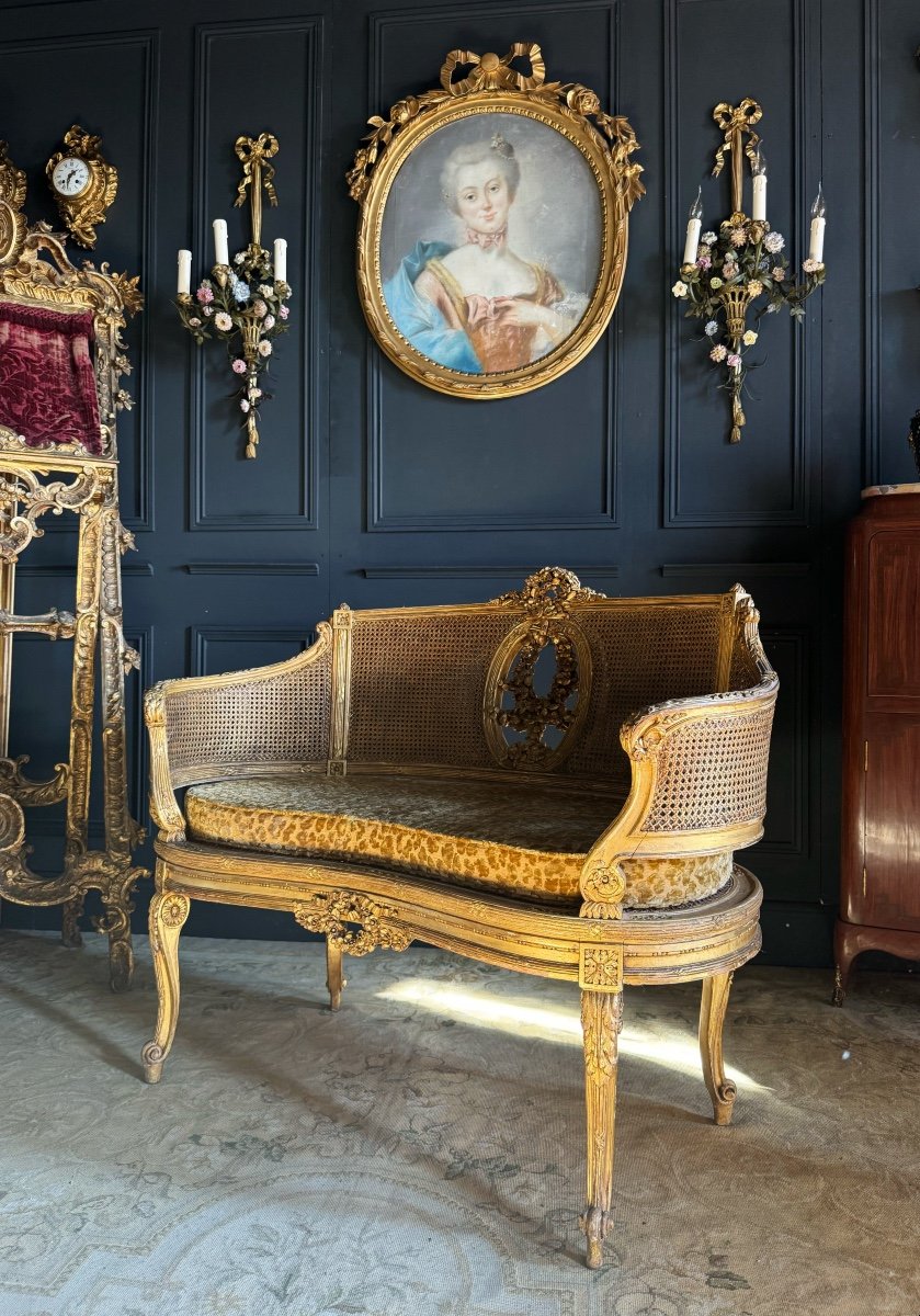 Canapé / Banquette D’époque Napoléon III En Bois Doré Et Cannage De Style Louis XV - XIXe-photo-3