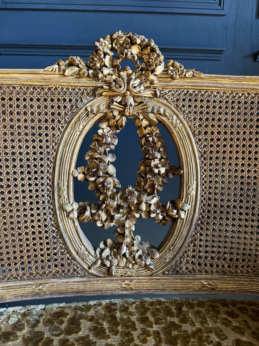 Canapé / Banquette D’époque Napoléon III En Bois Doré Et Cannage De Style Louis XV - XIXe-photo-4