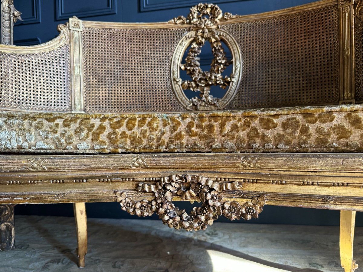 Canapé / Banquette D’époque Napoléon III En Bois Doré Et Cannage De Style Louis XV - XIXe-photo-1