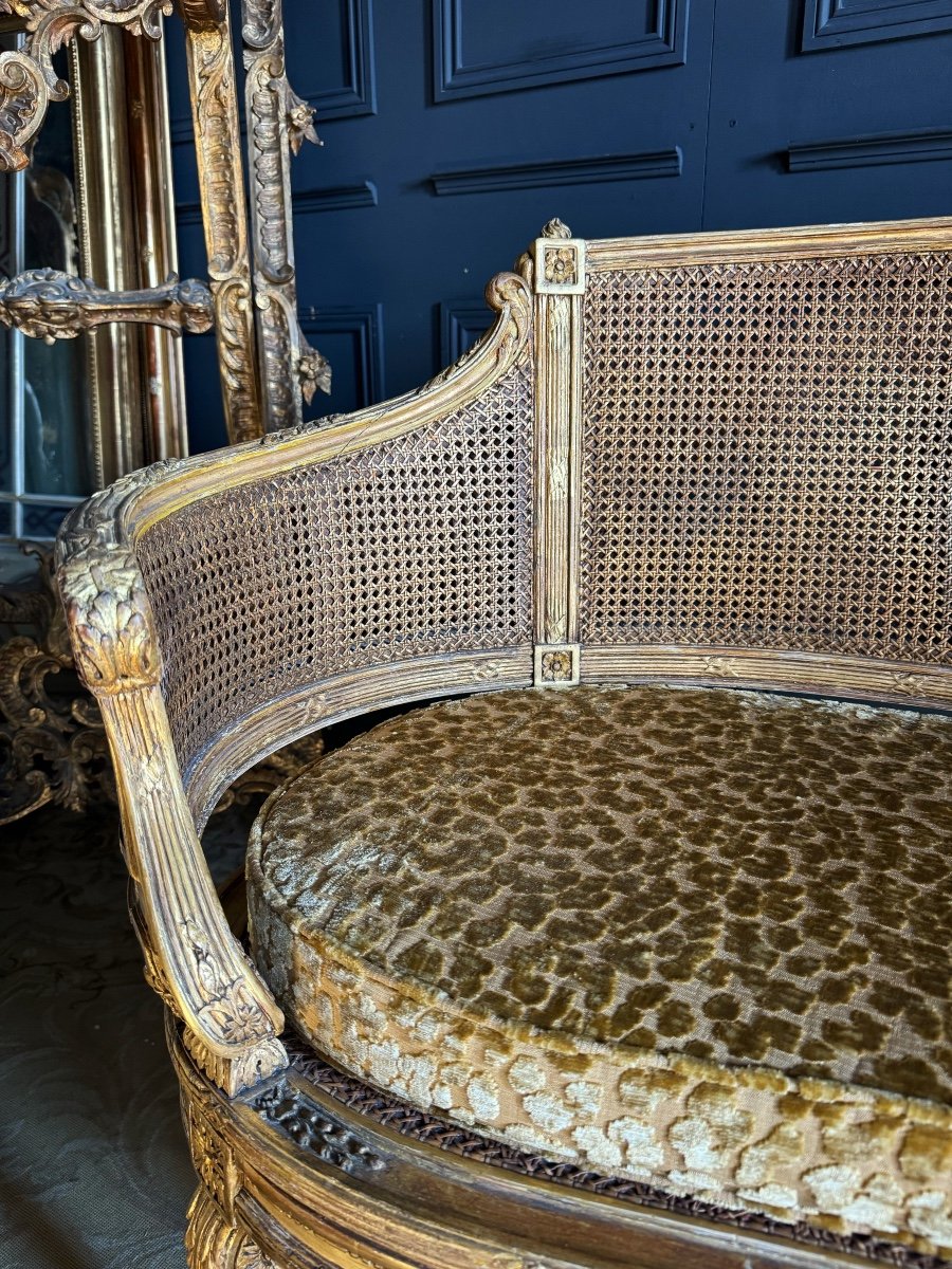 Canapé / Banquette D’époque Napoléon III En Bois Doré Et Cannage De Style Louis XV - XIXe-photo-2