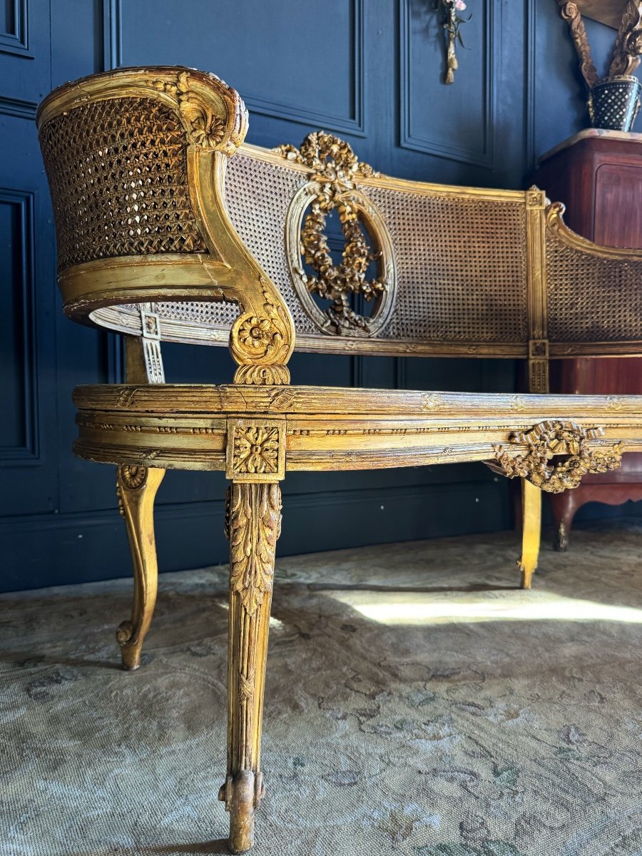 Canapé / Banquette D’époque Napoléon III En Bois Doré Et Cannage De Style Louis XV - XIXe-photo-3