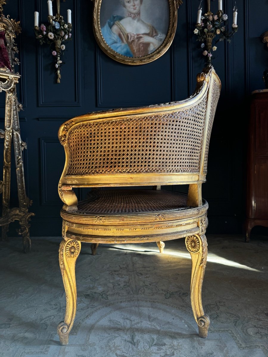 Canapé / Banquette D’époque Napoléon III En Bois Doré Et Cannage De Style Louis XV - XIXe-photo-4