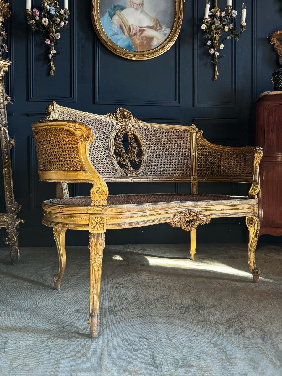 Canapé / Banquette D’époque Napoléon III En Bois Doré Et Cannage De Style Louis XV - XIXe-photo-5