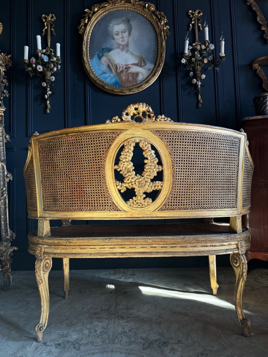 Canapé / Banquette D’époque Napoléon III En Bois Doré Et Cannage De Style Louis XV - XIXe-photo-8