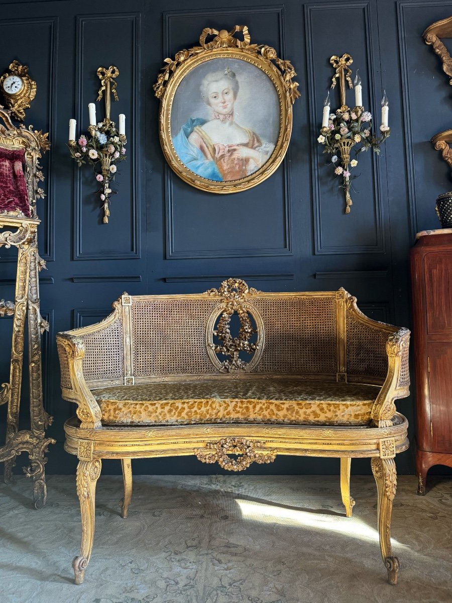 Canapé / Banquette D’époque Napoléon III En Bois Doré Et Cannage De Style Louis XV - XIXe