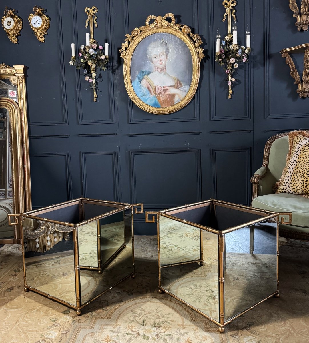 Pair Of "bamboo" Model Planters In Gold Metal And Glass From The 70s-photo-7