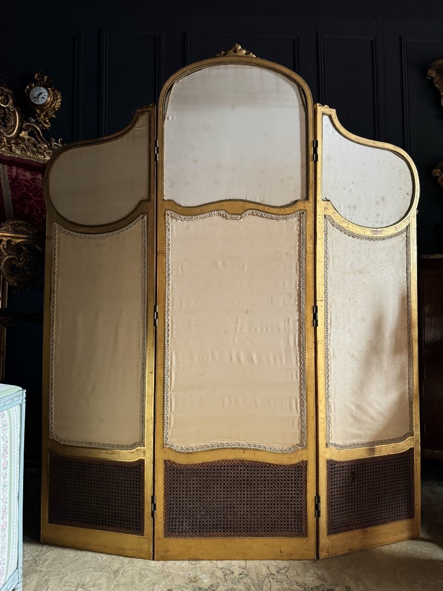 Late 19th Century Louis XVI Style Gilded And Carved Wood 3-leaf Screen-photo-8