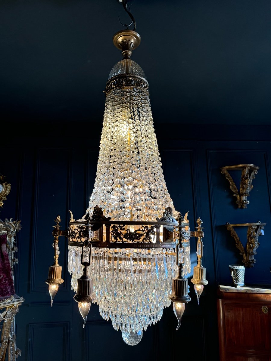 19th Century Louis XVI Style Gilt Bronze Chandelier With Crystal Tassels - H125cm-photo-2