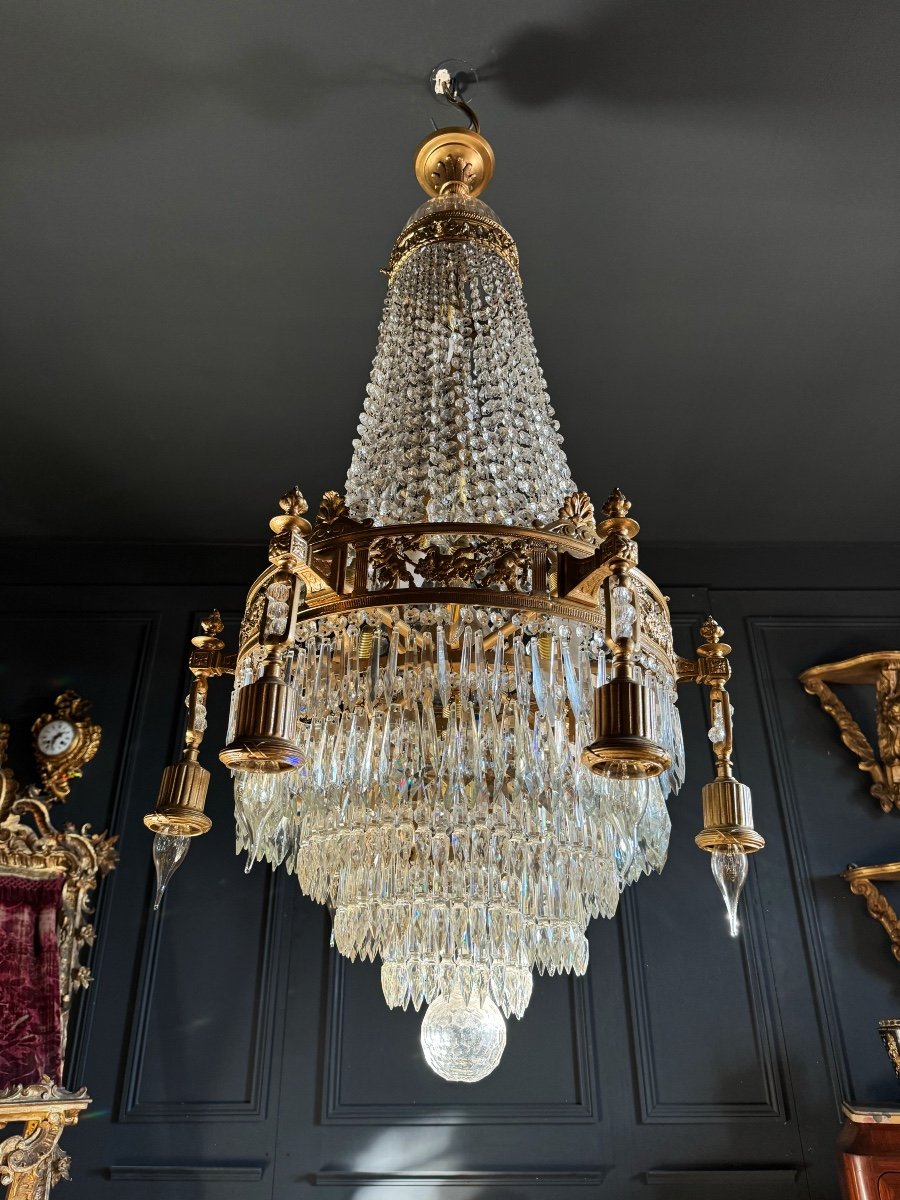 19th Century Louis XVI Style Gilt Bronze Chandelier With Crystal Tassels - H125cm-photo-3