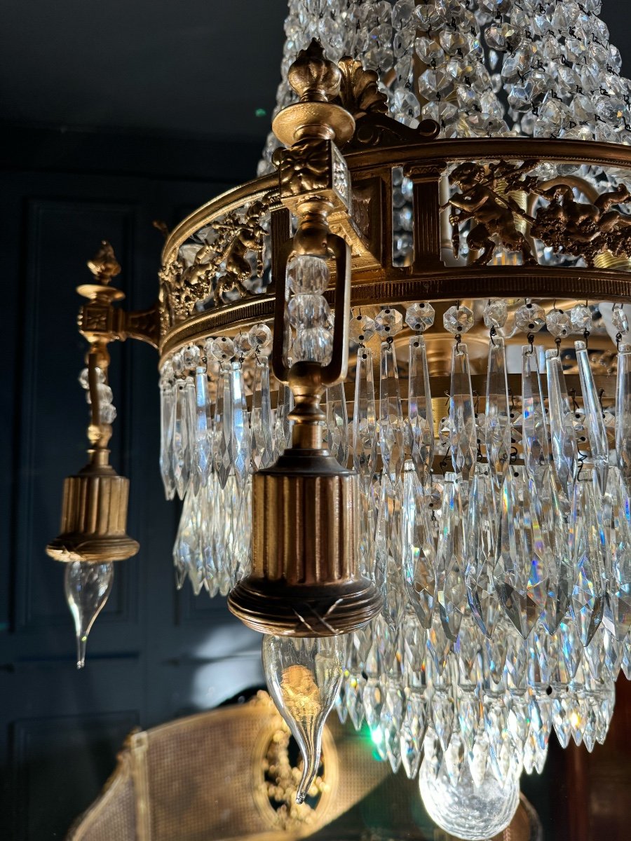 19th Century Louis XVI Style Gilt Bronze Chandelier With Crystal Tassels - H125cm-photo-1