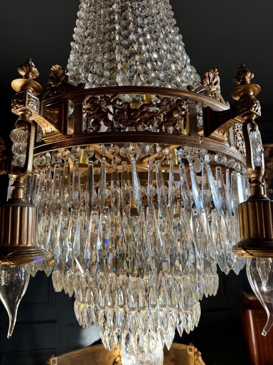 19th Century Louis XVI Style Gilt Bronze Chandelier With Crystal Tassels - H125cm-photo-2