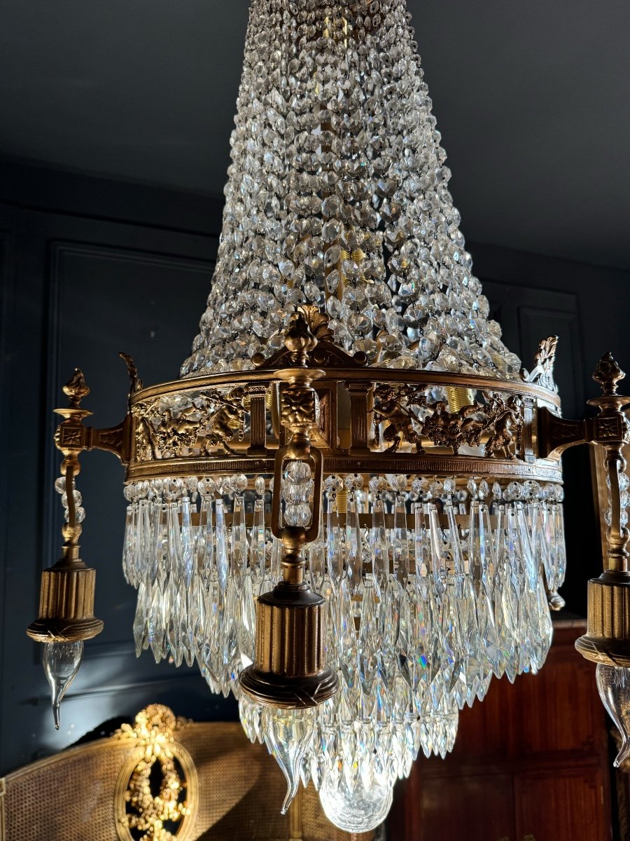 19th Century Louis XVI Style Gilt Bronze Chandelier With Crystal Tassels - H125cm-photo-3