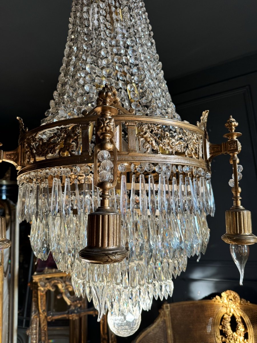 19th Century Louis XVI Style Gilt Bronze Chandelier With Crystal Tassels - H125cm-photo-4