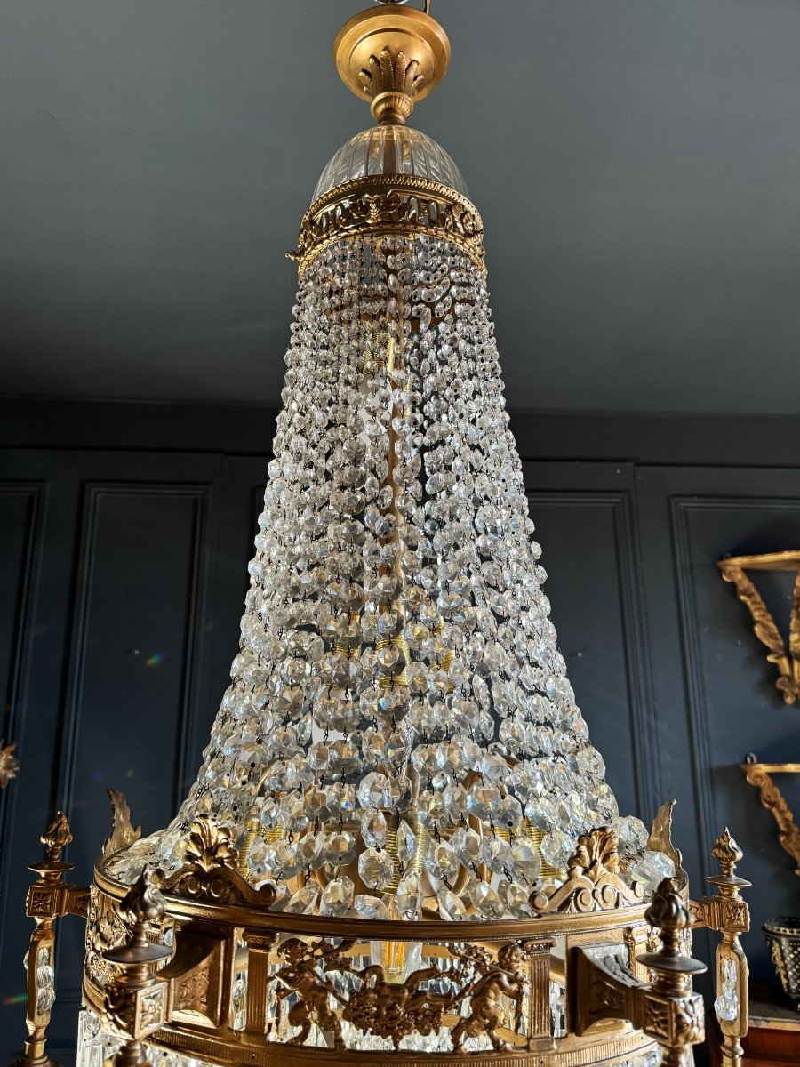 19th Century Louis XVI Style Gilt Bronze Chandelier With Crystal Tassels - H125cm-photo-5