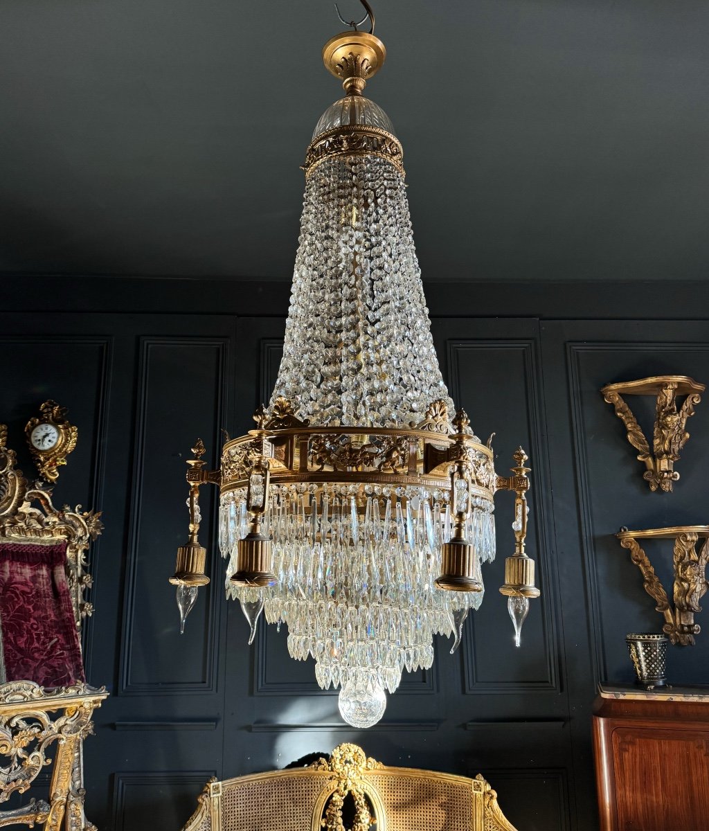 19th Century Louis XVI Style Gilt Bronze Chandelier With Crystal Tassels - H125cm