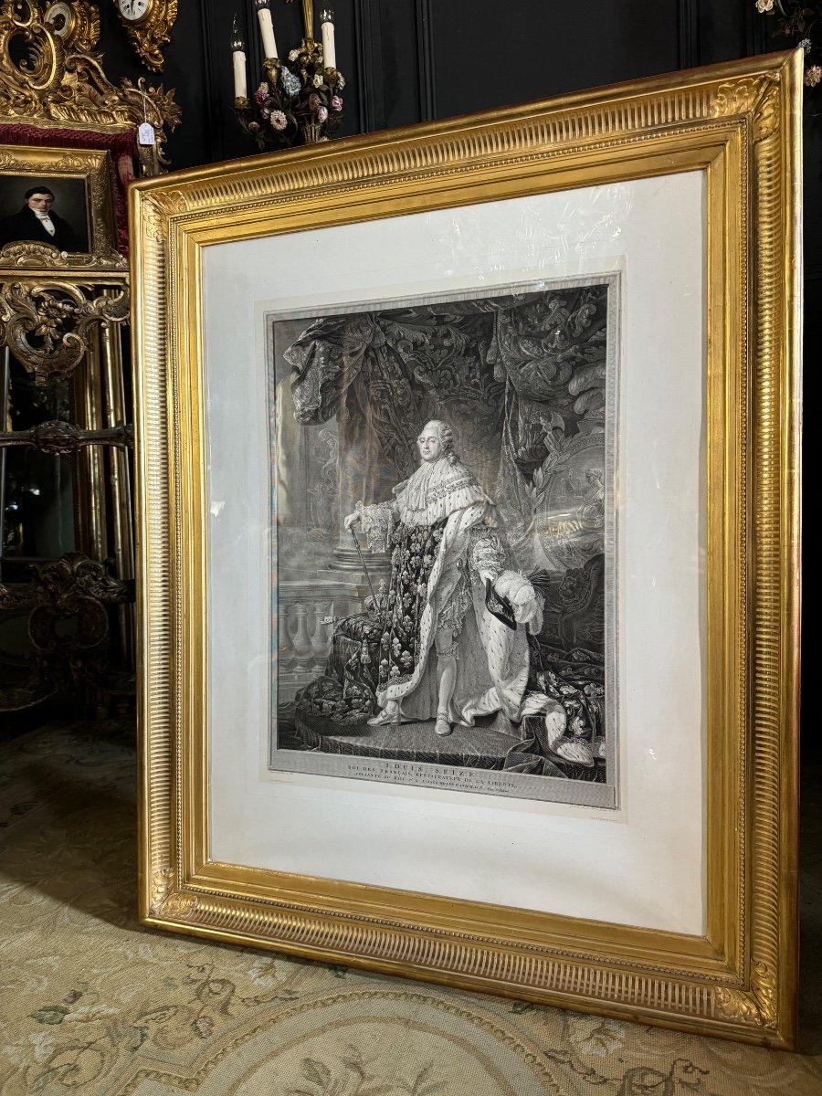 Gravure Du XIXe : Portrait De Louis XVI Dans Un Cadre En Bois Doré -photo-3