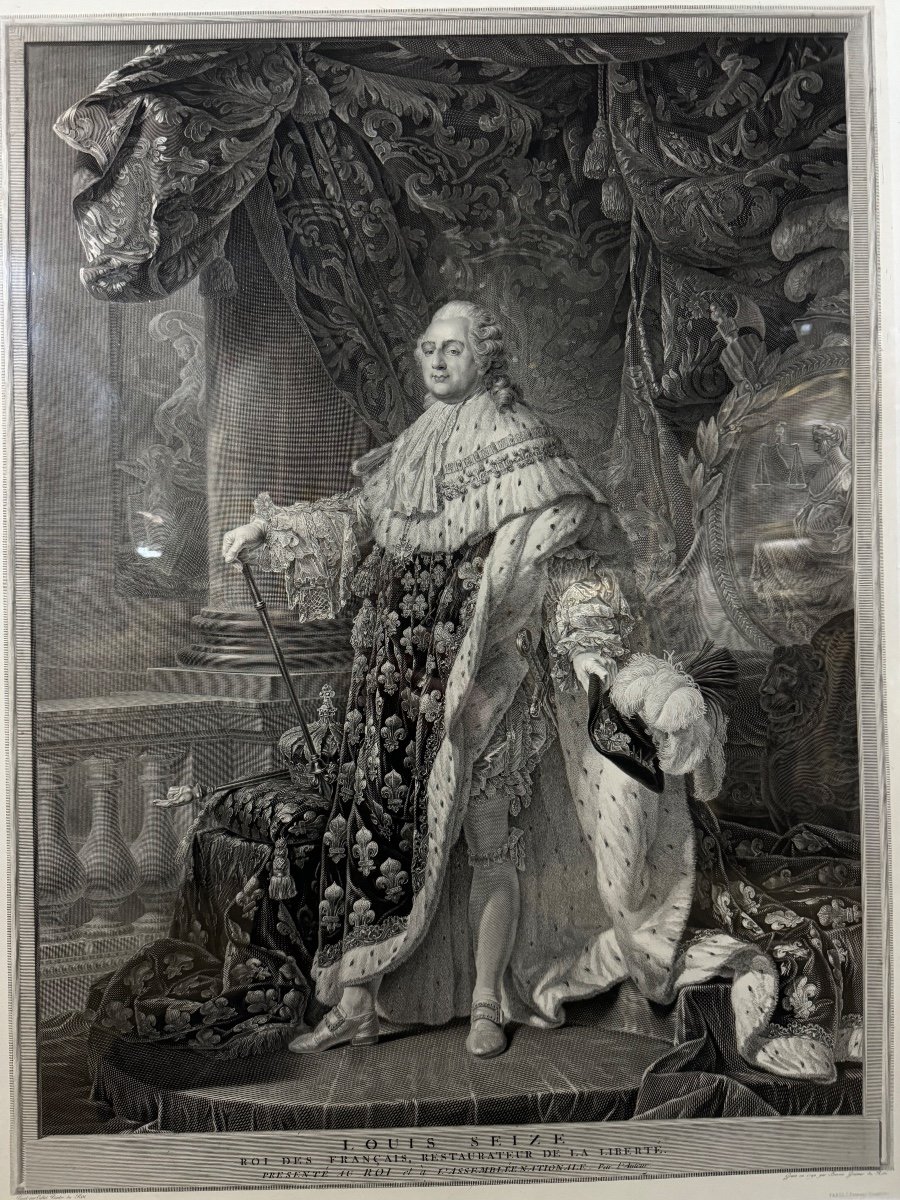 Gravure Du XIXe : Portrait De Louis XVI Dans Un Cadre En Bois Doré -photo-1