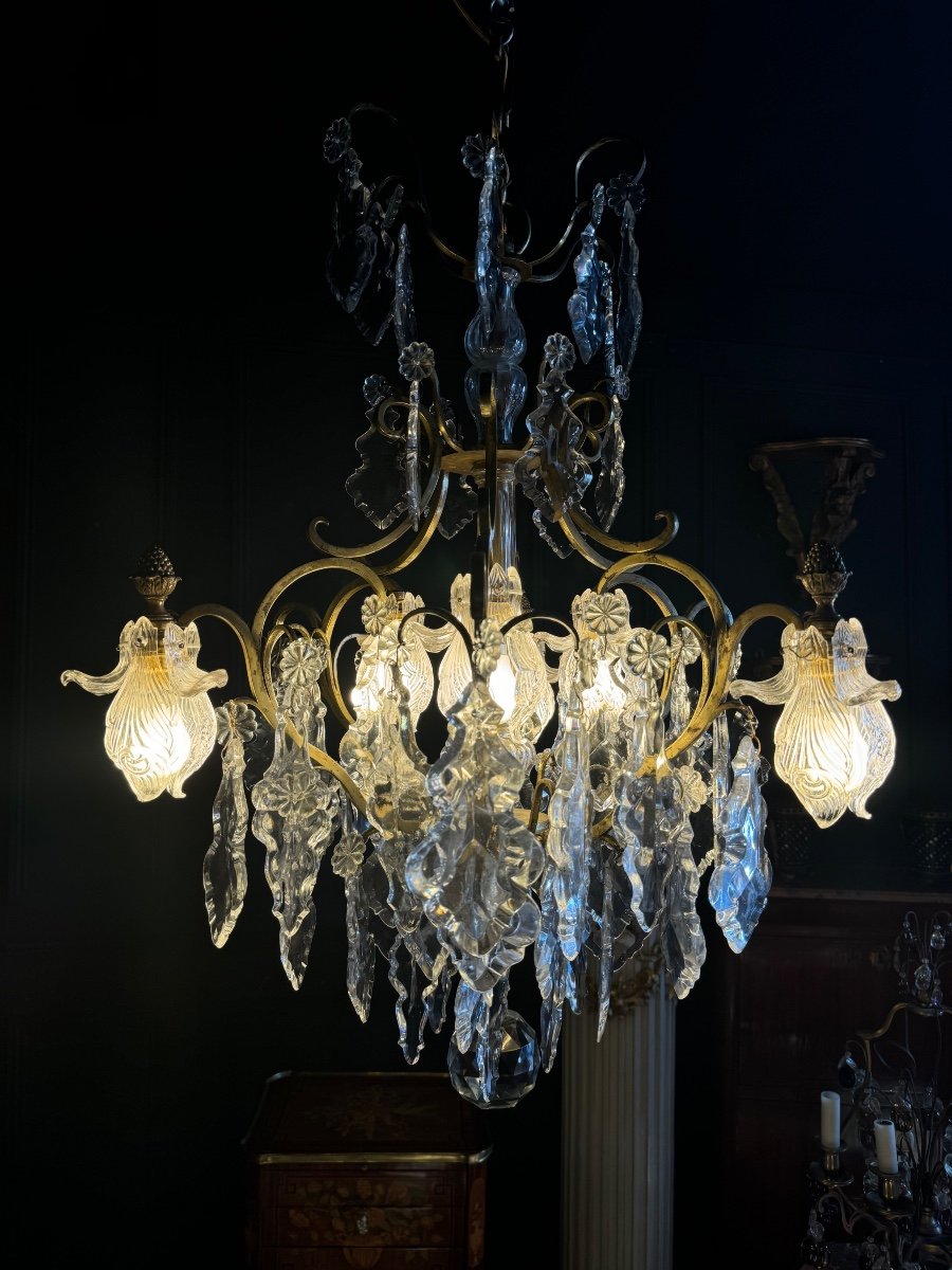 19th Century Cage Chandelier In Crystal And Gilded Bronze (good Quality) -photo-2