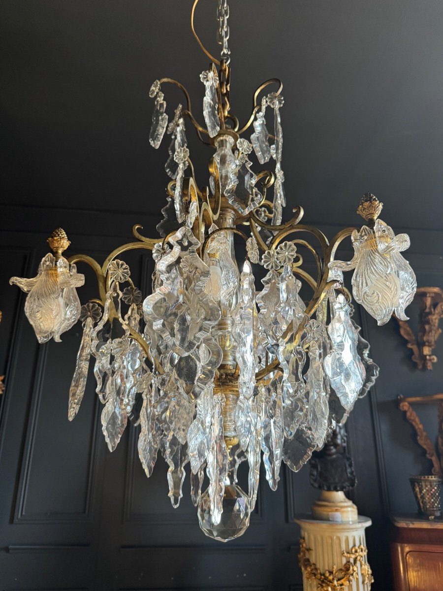 19th Century Cage Chandelier In Crystal And Gilded Bronze (good Quality) -photo-3