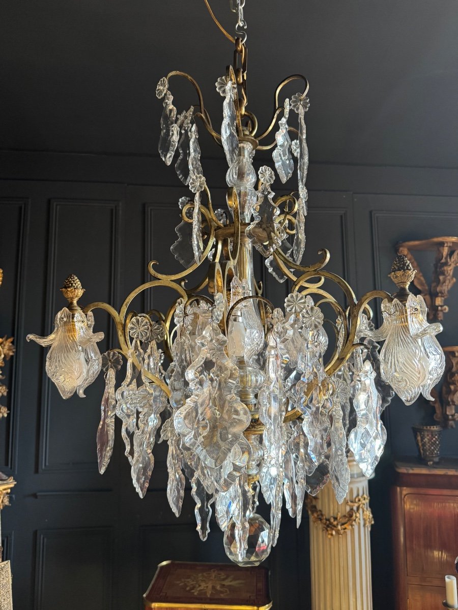 19th Century Cage Chandelier In Crystal And Gilded Bronze (good Quality) 