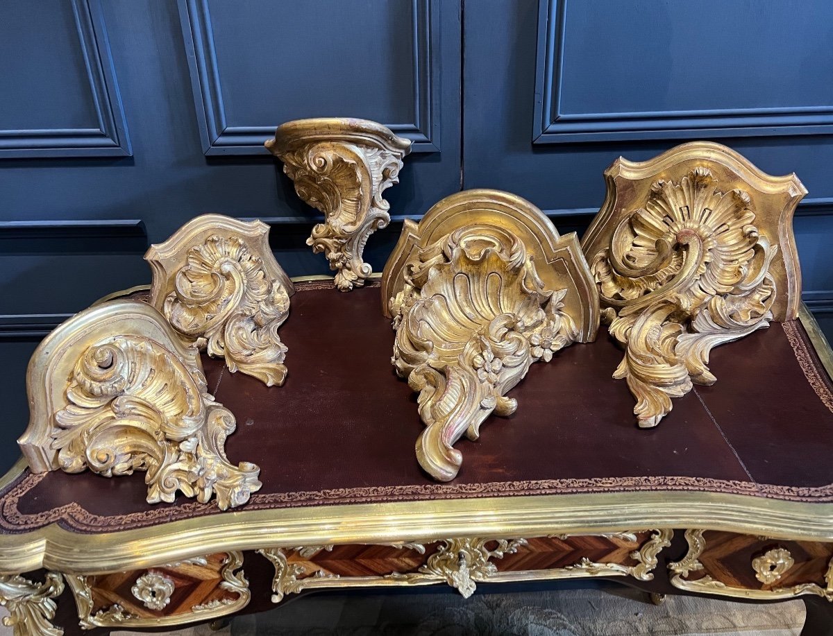 Series Of 5 Richly Carved And Gilded Wall Consoles-photo-2