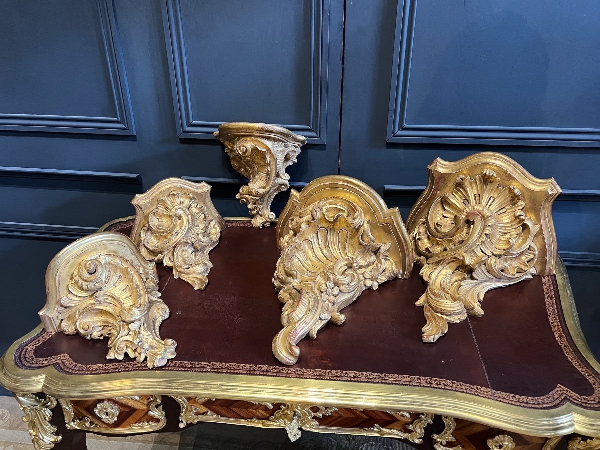 Series Of 5 Richly Carved And Gilded Wall Consoles