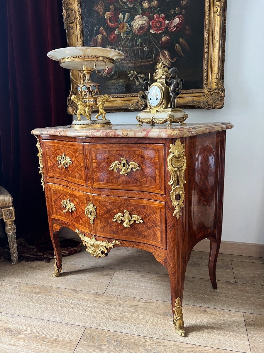 Commode Sauteuse D’époque Louis XV En Marqueterie Et Bronze Doré - XVIIIe-photo-3