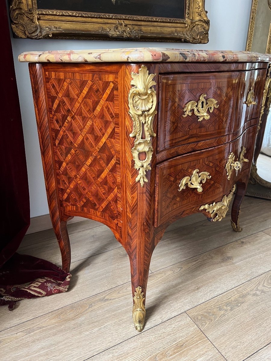 Commode Sauteuse D’époque Louis XV En Marqueterie Et Bronze Doré - XVIIIe-photo-2