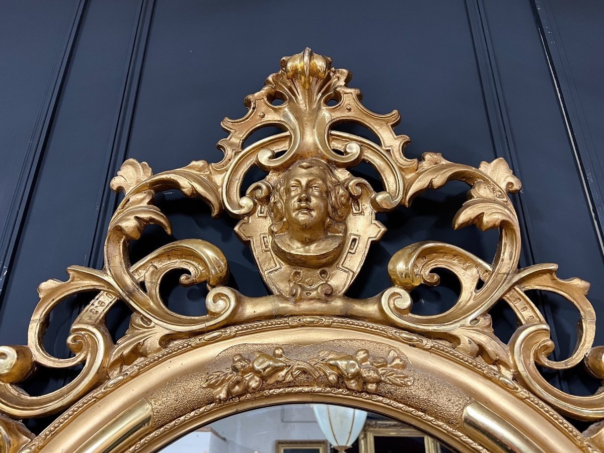 Miroir D’époque Napoléon III En Bois Doré à La Feuille à Décor D’une Tête Et De Fleurs - XIXe-photo-1