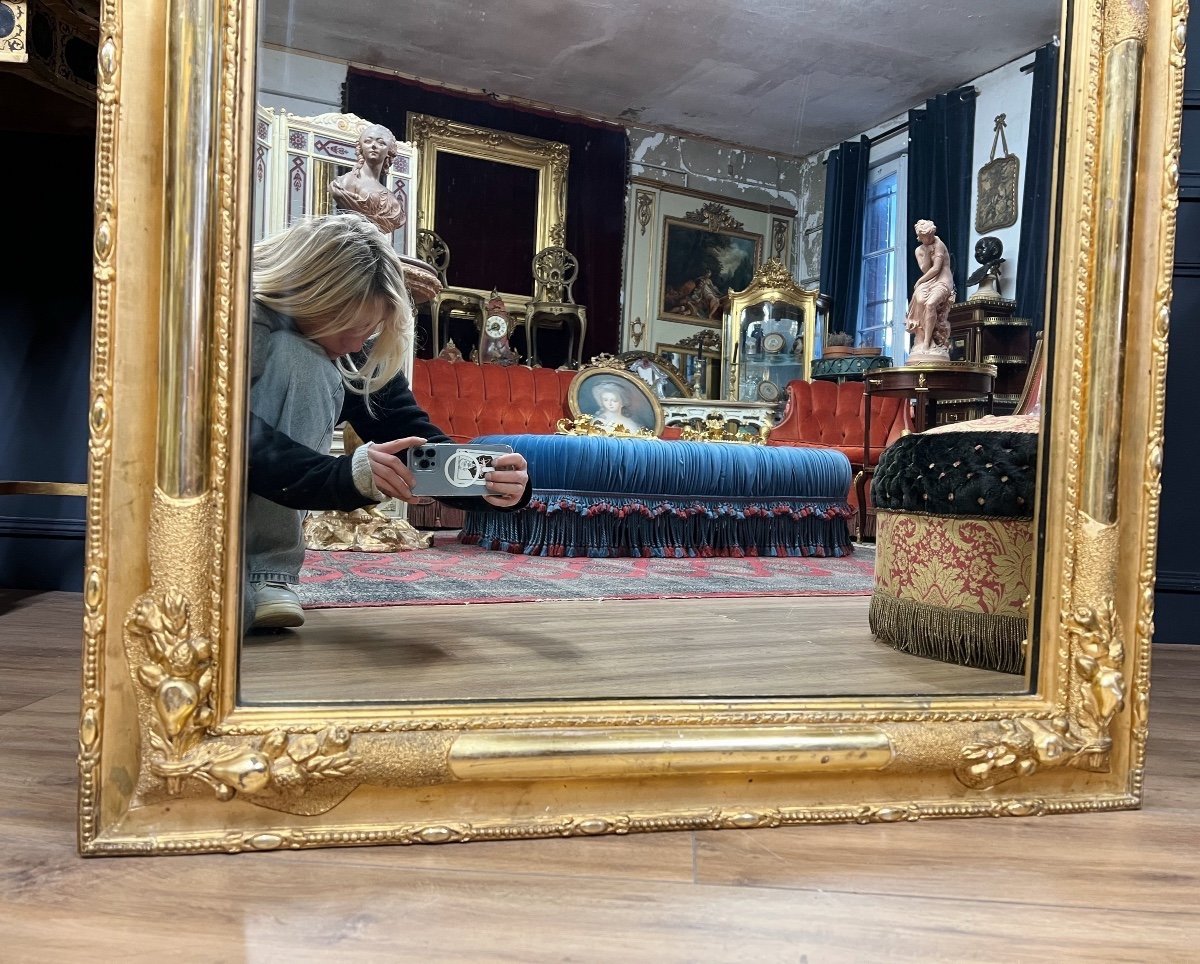 Napoleon III Period Mirror In Gilded Wood With Leaf Decorated With A Head And Flowers - 19th Century-photo-6