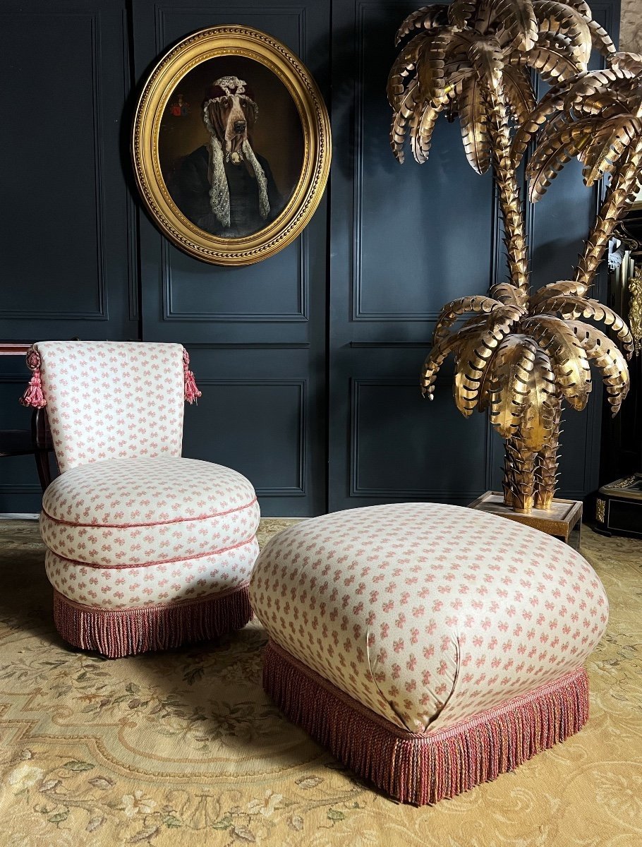 Fauteuil Et Son Pouf De Style Napoléon III à Décor De Noeuds Roses